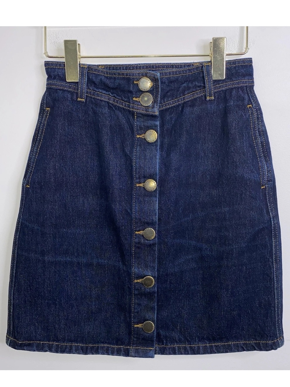 Maje Women's Denim Mini Skirt Sz 25 Solid Blue Button Front Pockets 100% Cotton